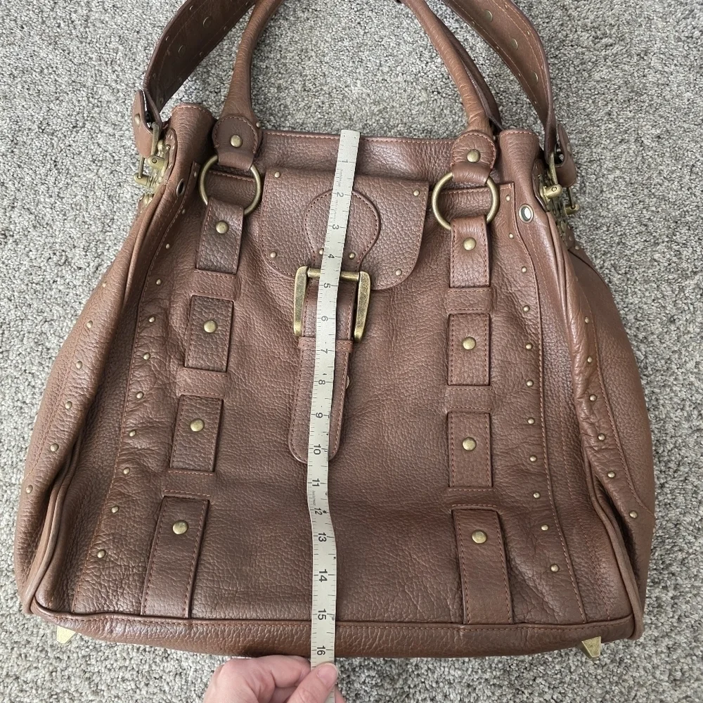 Betsey Johnson VTG Y2K Heavy Brown Leather Studded Tote Handbag Charms Large